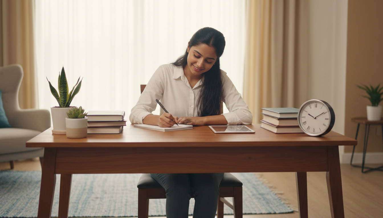 Photo Idea : A focused student writing notes at a tidy desk with a clock showing time-management