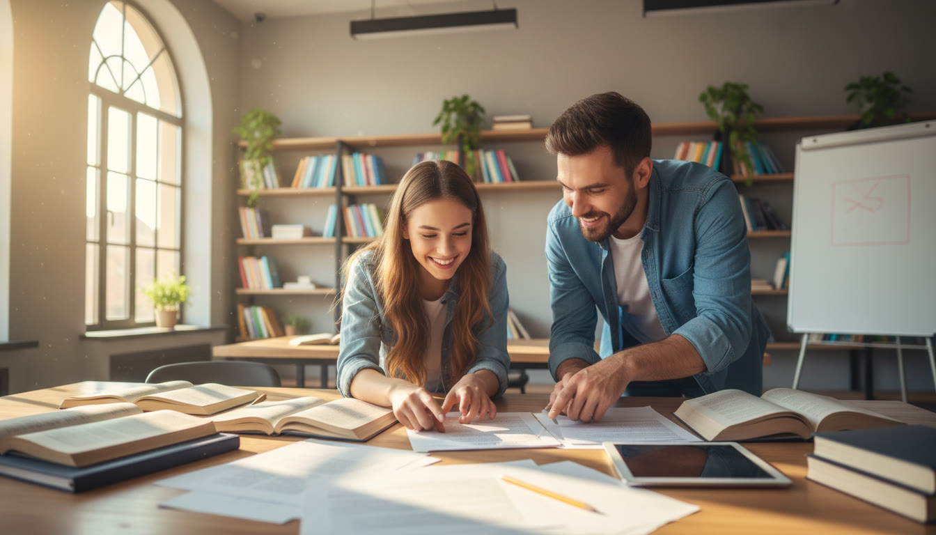 Photo Idea : A student and teacher discussing an essay in a light-filled classroom, papers spread on the desk