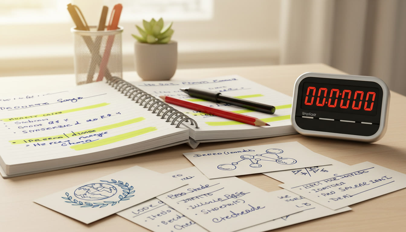 Photo Idea : Close-up of handwritten flashcards, a timer, and a highlighted notebook