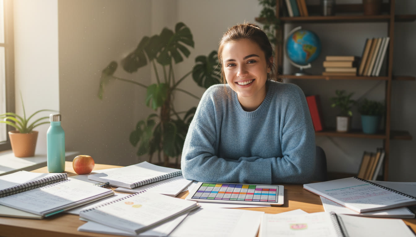Photo Idea : A student at a desk, smiling and surrounded by open notebooks and a tablet showing a study plan