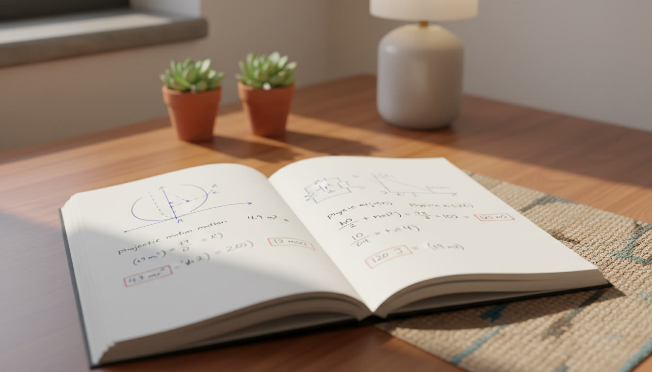 Photo Idea : Close-up of a student’s notebook with clear physics diagrams, boxed final answers and neat step-by-step derivations