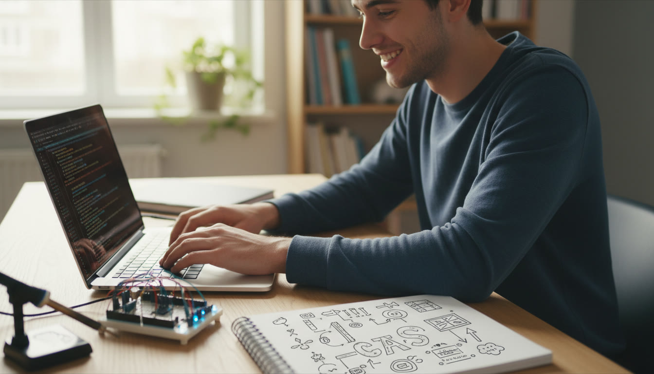 Photo Idea : A student coding on a laptop with handwritten CAS notes and a small electronics prototype on the desk