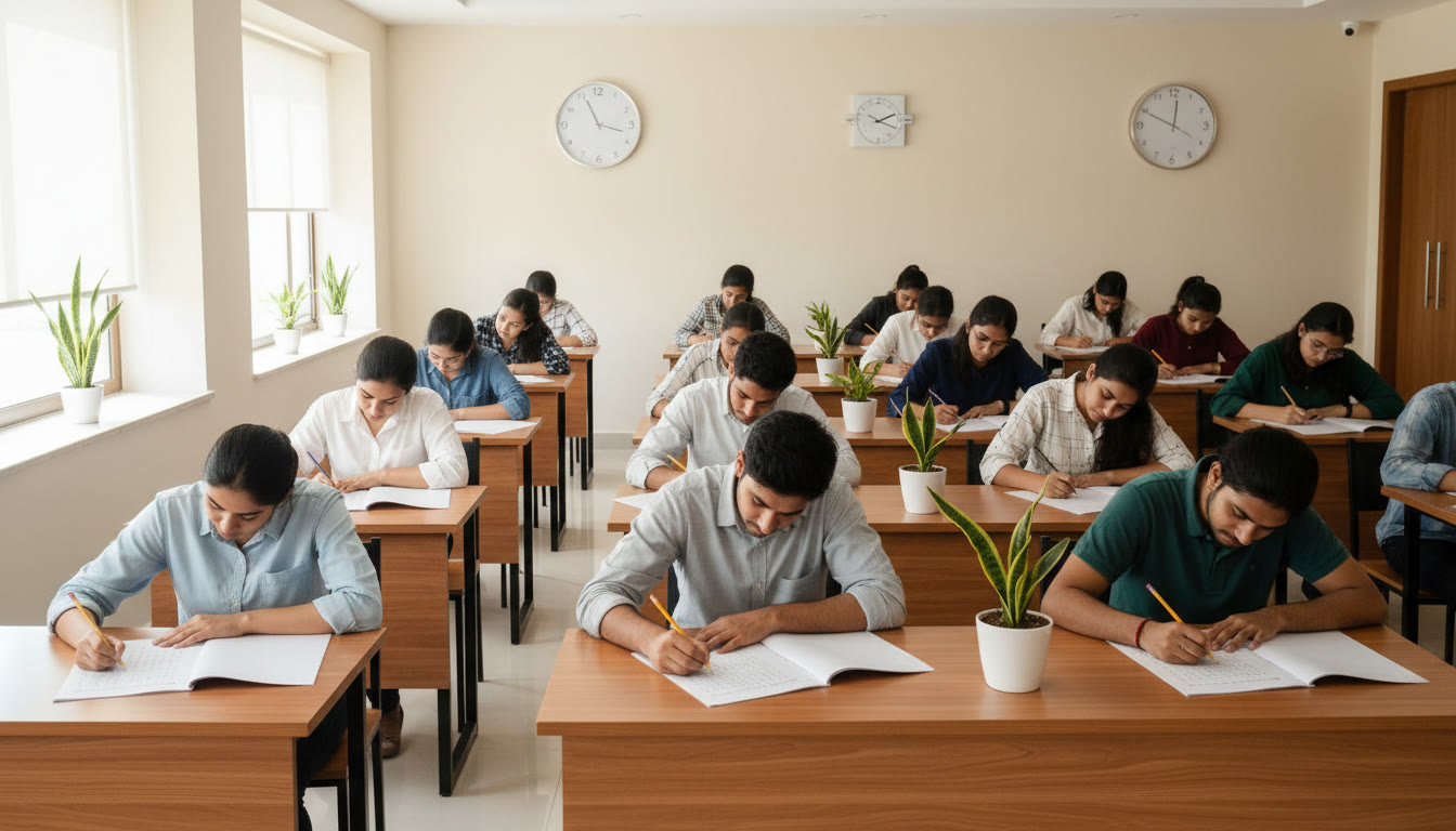 Photo Idea : Students sitting a mock exam in a hall with clocks and answer sheets, practicing OMR discipline.