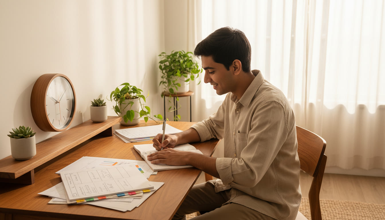 Photo Idea : Student writing neatly at a desk with organized notes and a clock