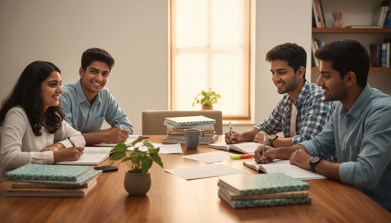 Photo Idea : A close-up of students sitting around a table with board exam papers and notebooks labeled 