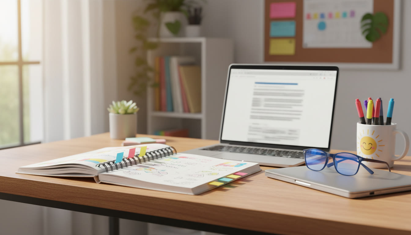 Photo Idea : Student workspace with a notebook, colored tabs and a laptop showing a draft document