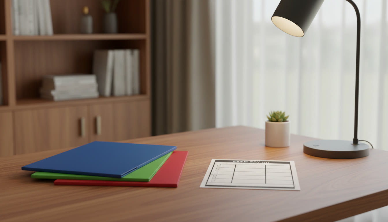 Photo Idea : Neatly organized desk with three labelled folders for Physics, Chemistry, Mathematics and a printed checklist titled 