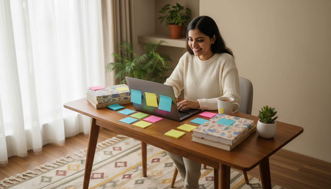 Photo Idea : Student at a tidy desk with books, laptop, colorful sticky notes and a cup of tea