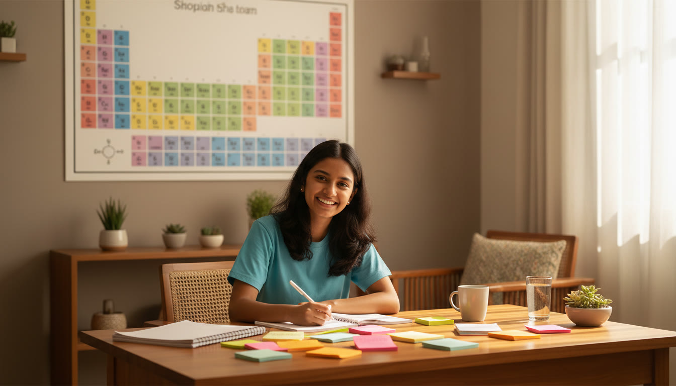 Photo Idea : Student revising with colorful notes and a periodic table in the background