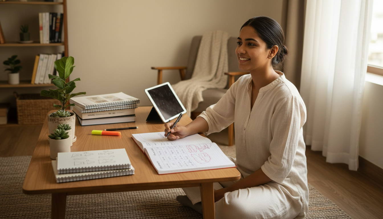 Photo Idea : A focused student at a tidy study desk with a notebook open to a mistake log and NEET study materials nearby