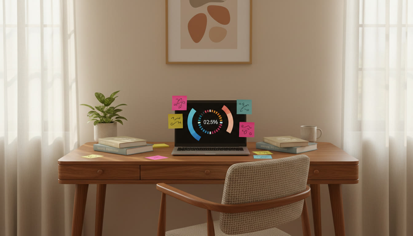 Photo Idea : Student at a neat study desk, timer running on a laptop, NEET books and sticky notes around