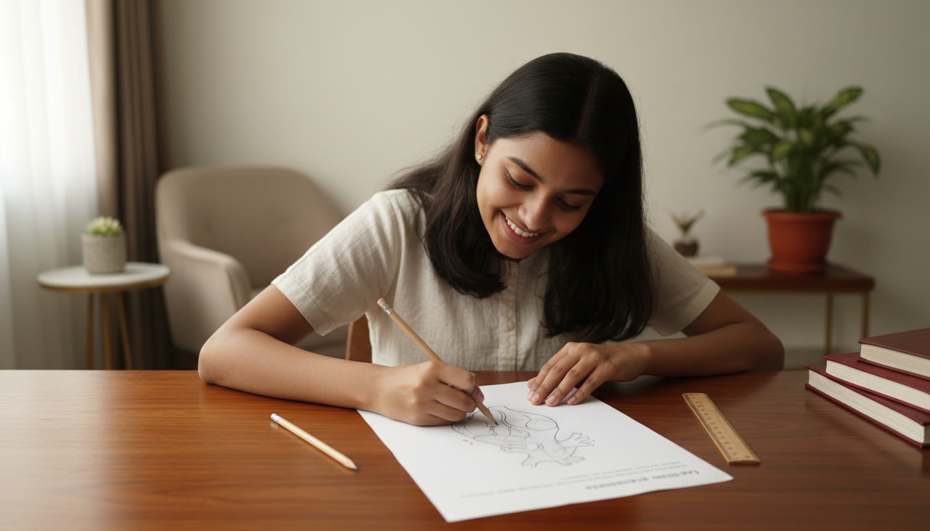 Photo Idea : A student sketching a labeled biology diagram (human heart) on an exam sheet, pencil and ruler nearby