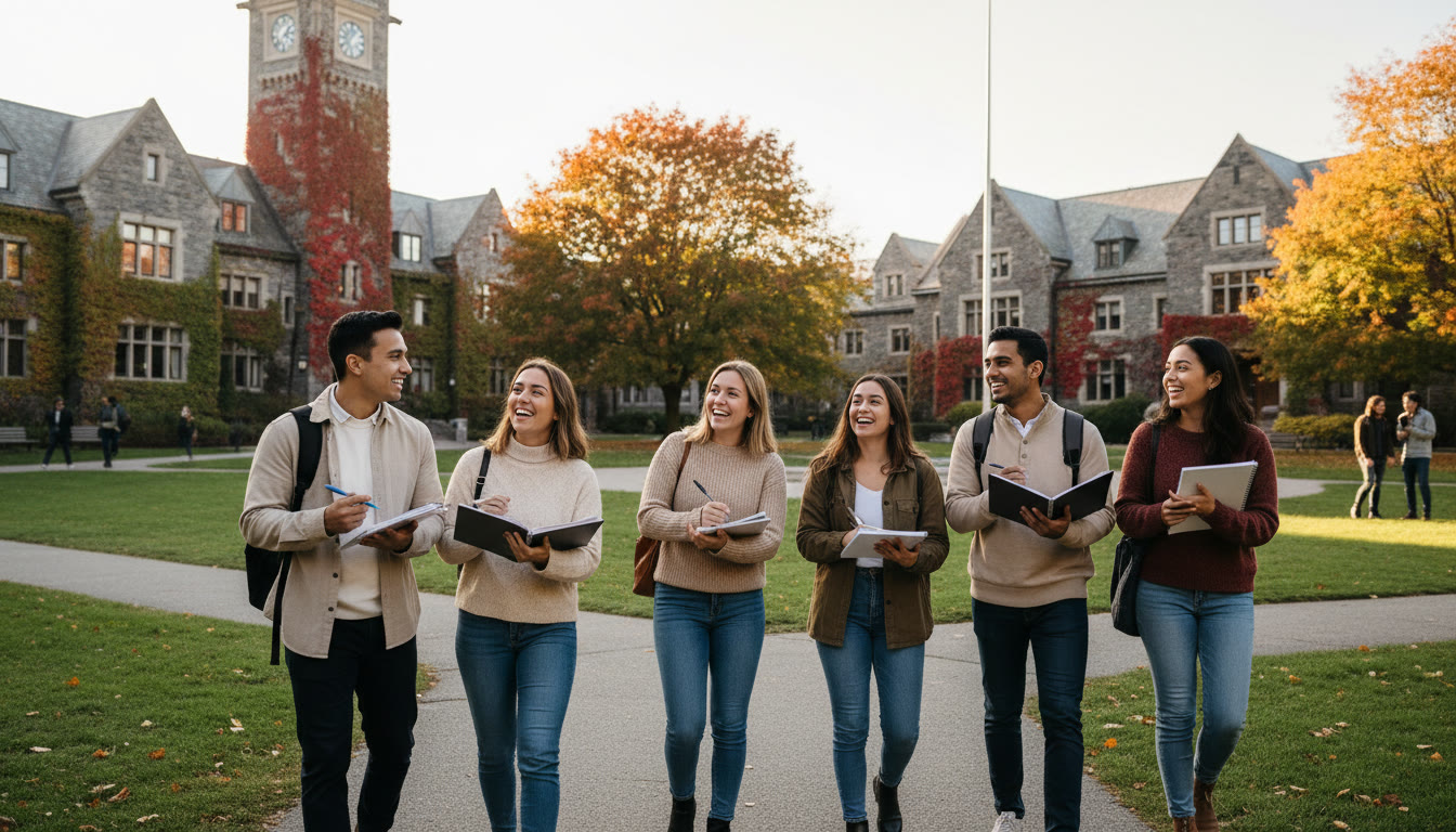 Photo Idea : A small group of international students touring a Canadian campus quad, holding notebooks and smiling