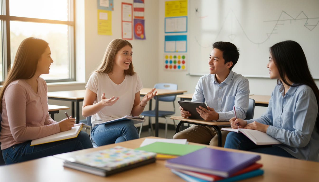 Photo Idea : A small group mock-interview in a bright classroom with one student answering while peers take notes