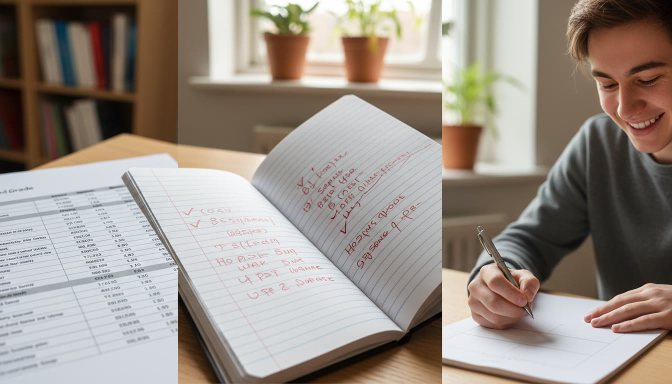 Photo Idea : Montage of a printed predicted grade report, a marked mock exam paper, and a student writing a personal statement
