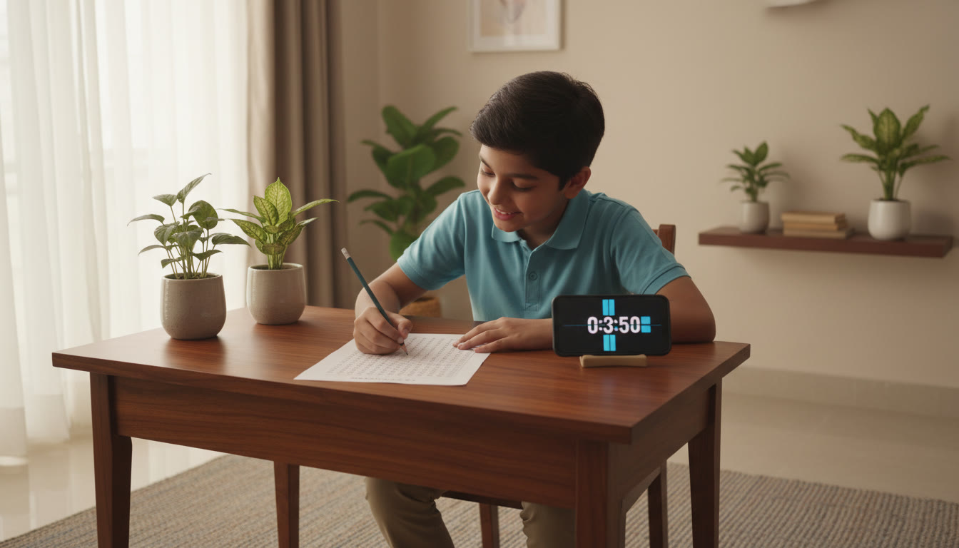 Photo Idea : A student practicing on an OMR-style answer sheet with a timer running on a smartphone beside them