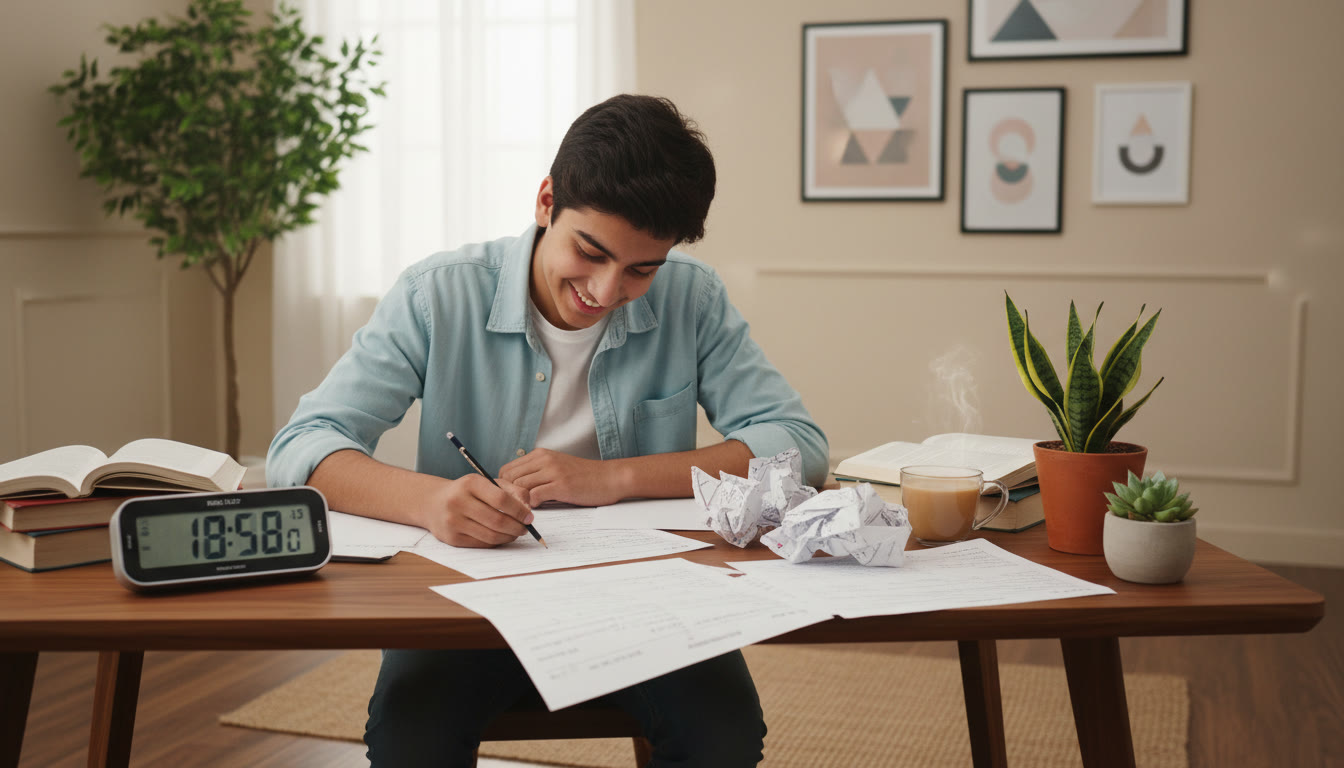Photo Idea : A focused student at a desk, a running stopwatch visible, scattered formula sheets and a printed mock paper