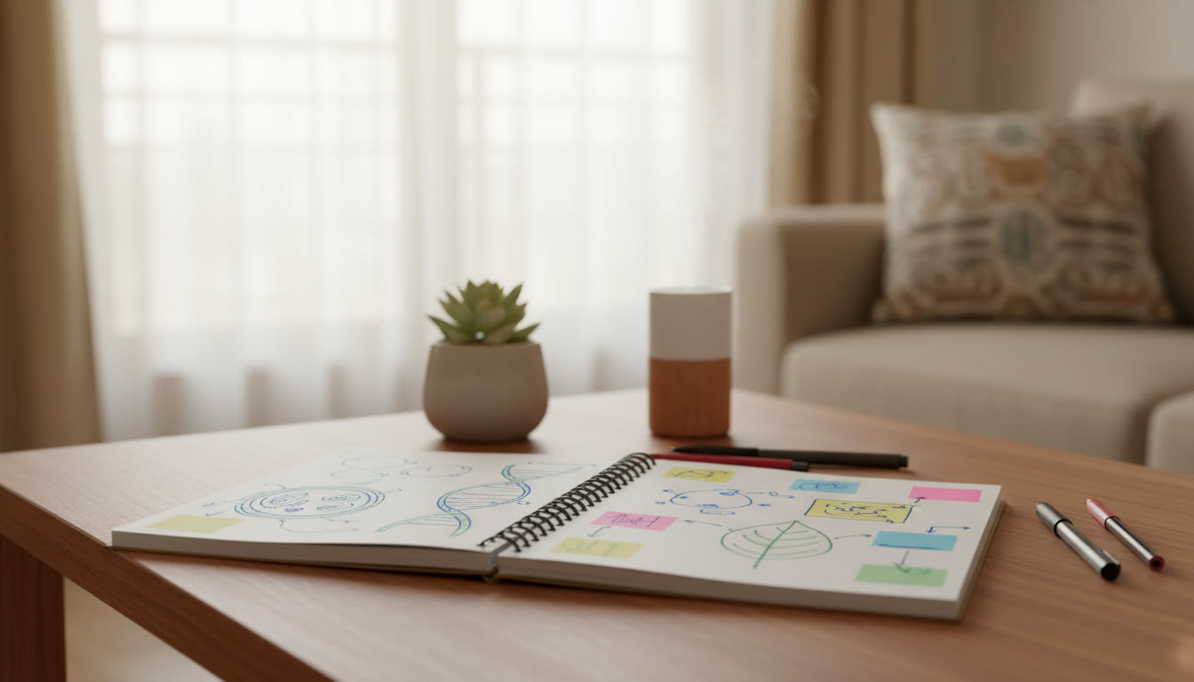 Photo Idea : Open notebook with labeled hand-drawn biology diagrams and sticky revision notes