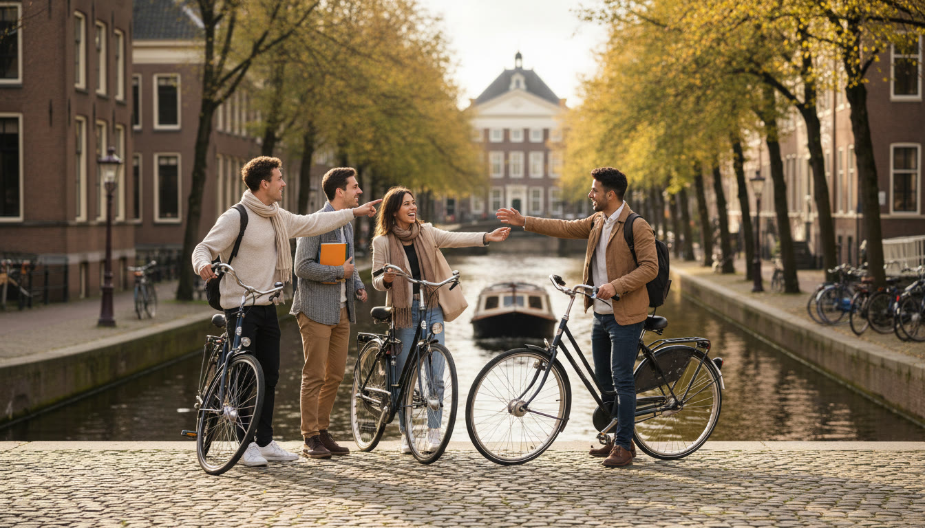 Photo Idea : A small group of IB students standing on a Dutch university quad beside bicycles and a canal