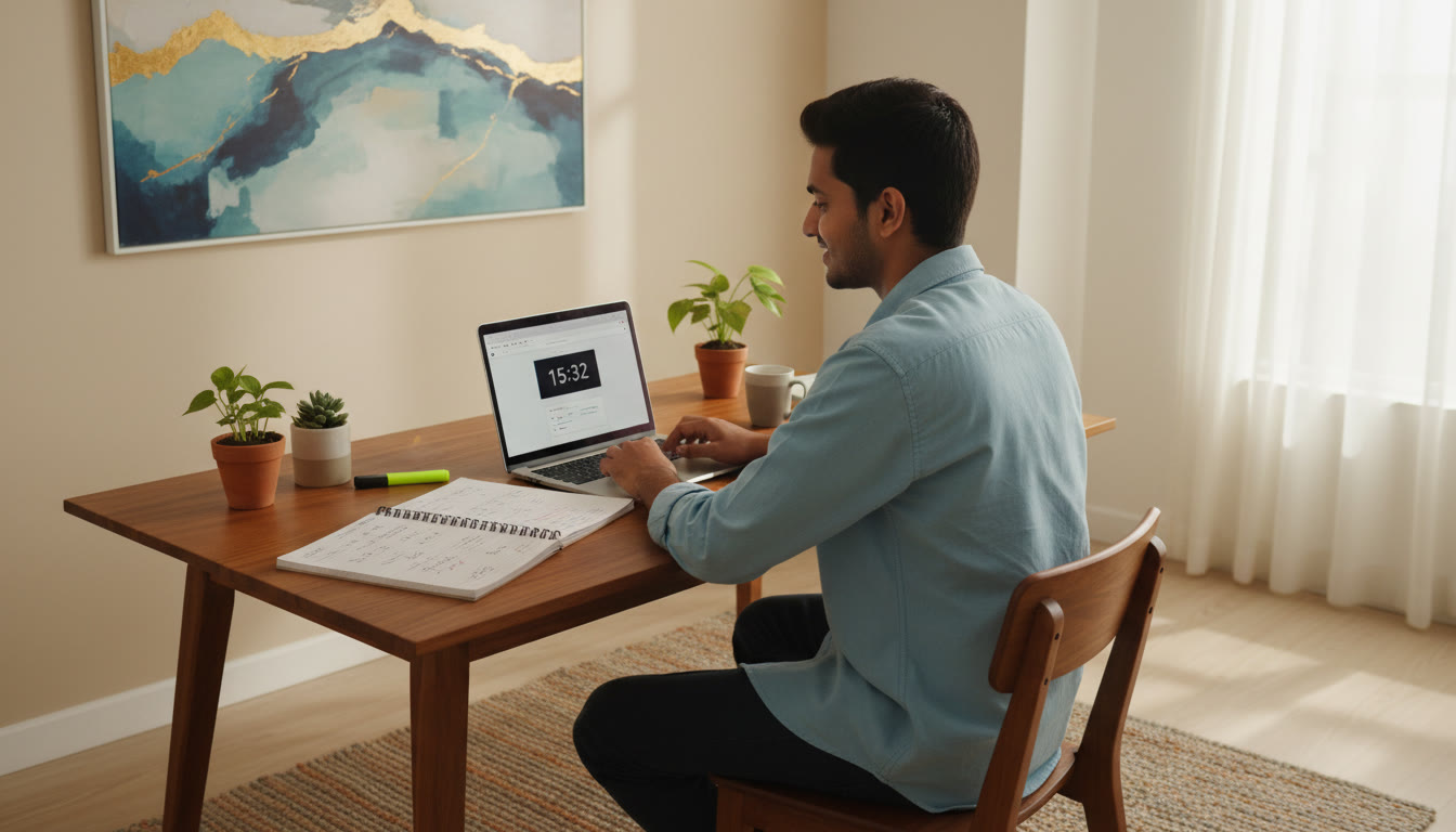 Photo Idea : A calm student at a desk taking a timed mock test on a laptop, with a printed error log beside them