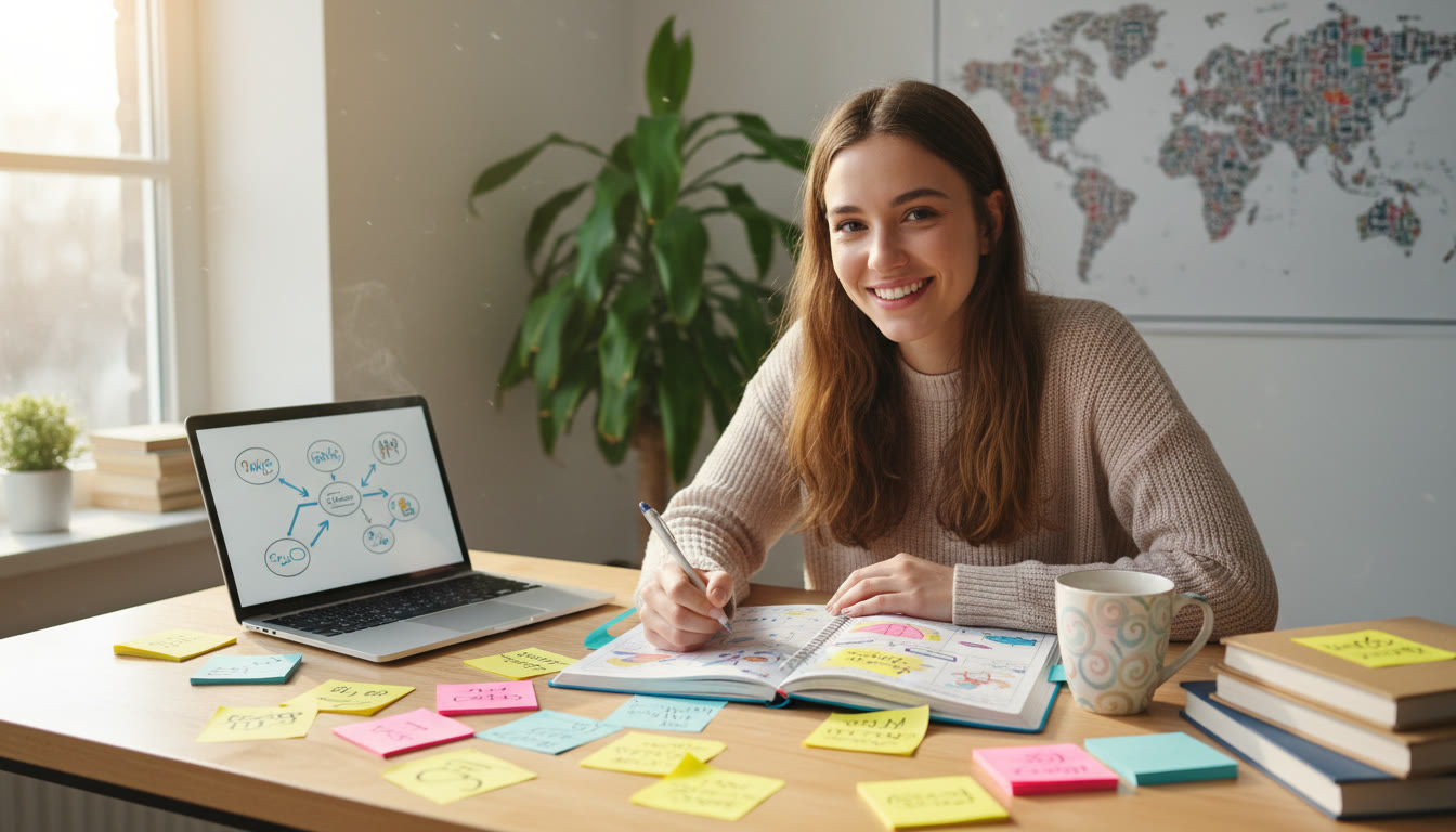 Photo Idea : Student at a desk with a planner, laptop, sticky notes, and a cup of tea, mid-note-taking