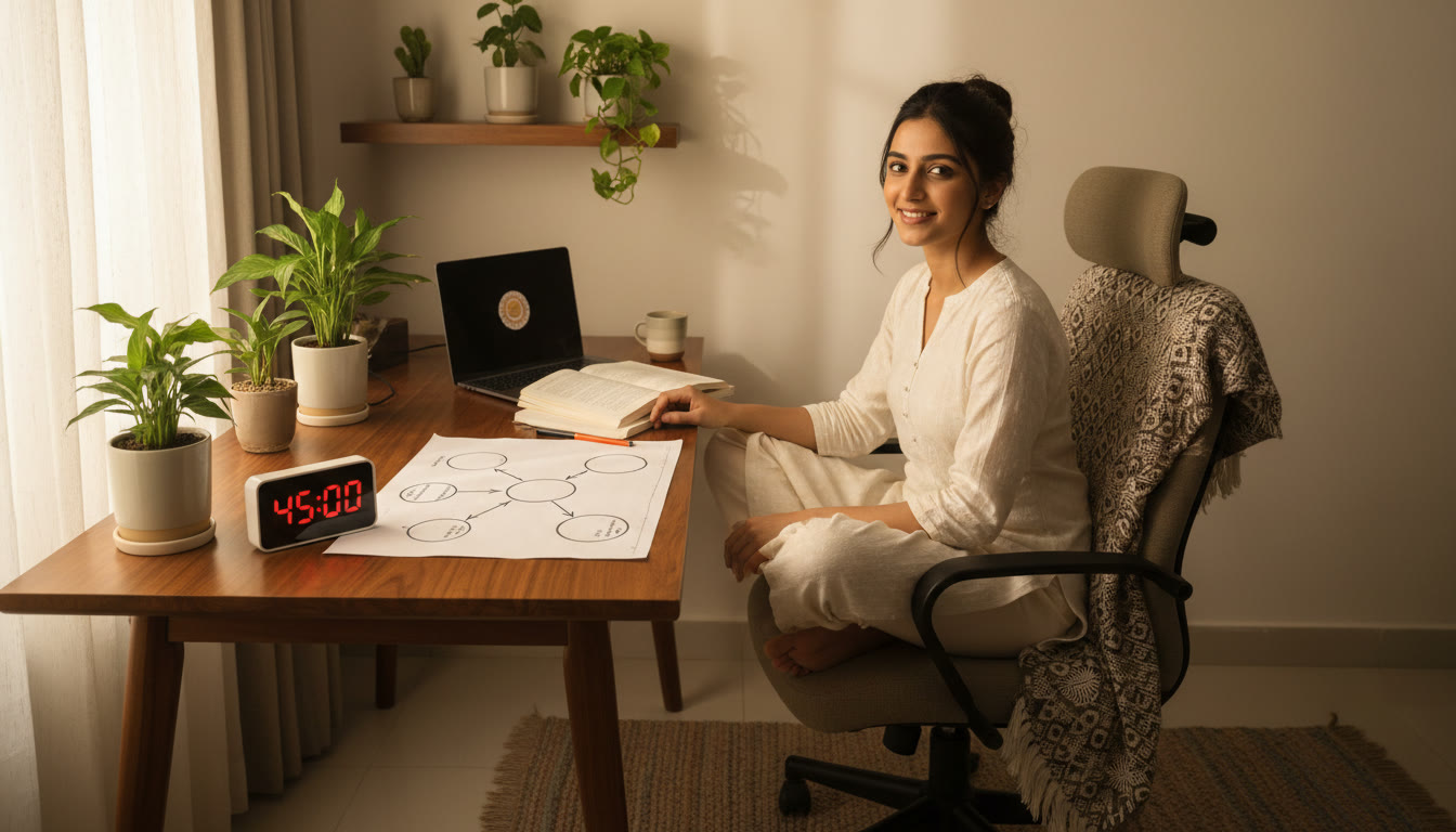 Photo Idea : Student at a desk with open notebooks, a concept map on paper, and a timer showing exam-like conditions