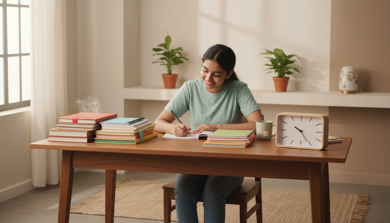 Photo Idea : Student writing at desk with neatly organized notes and time management clock