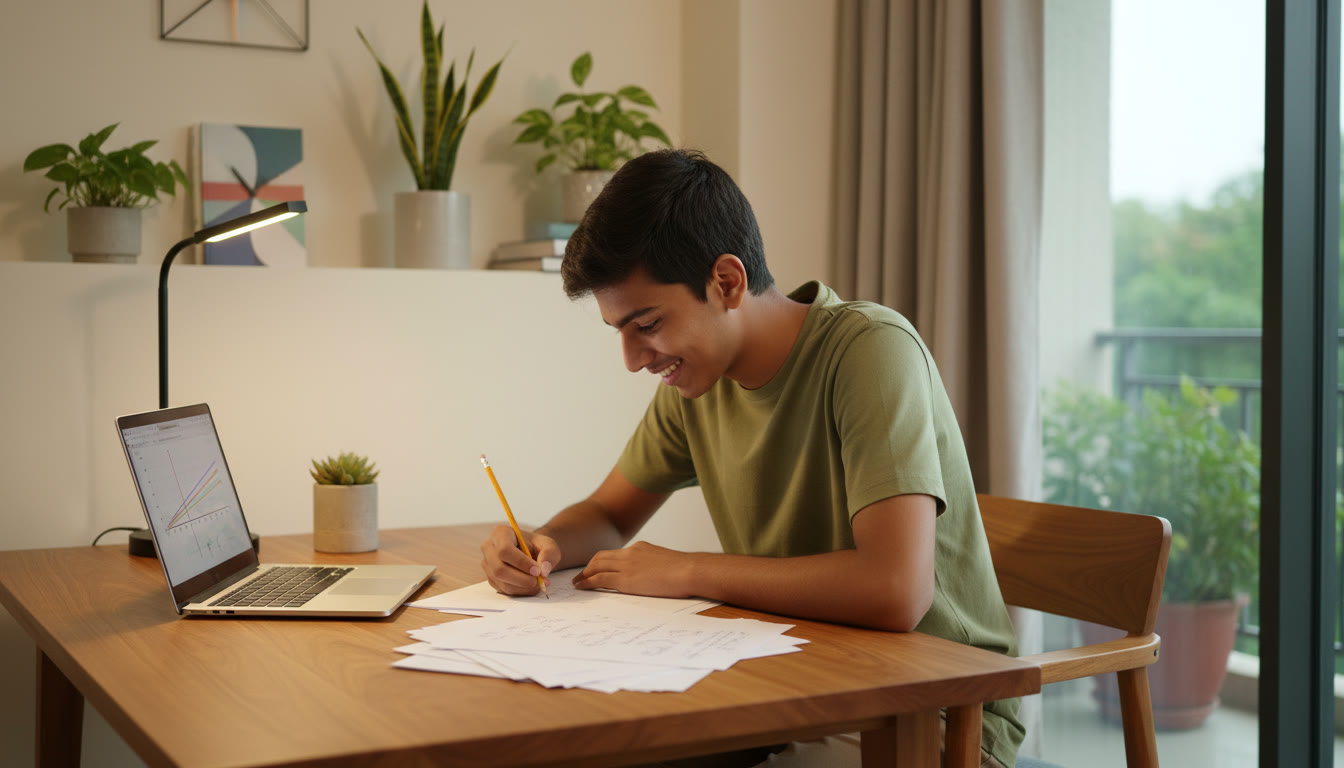 Photo Idea : A focused student at a study table solving physics problems on paper with a laptop nearby