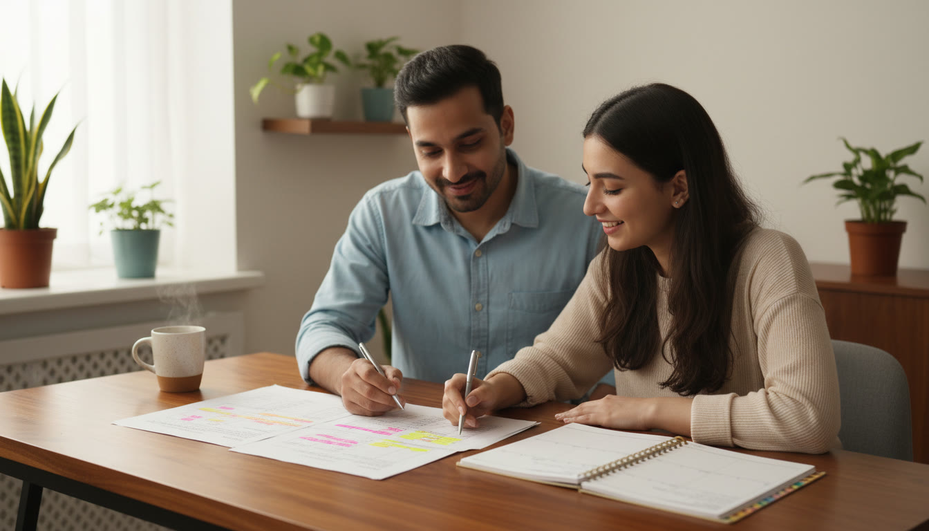 Photo Idea : A tutor and student reviewing a full-length test paper with highlighted errors and a planner open on the desk