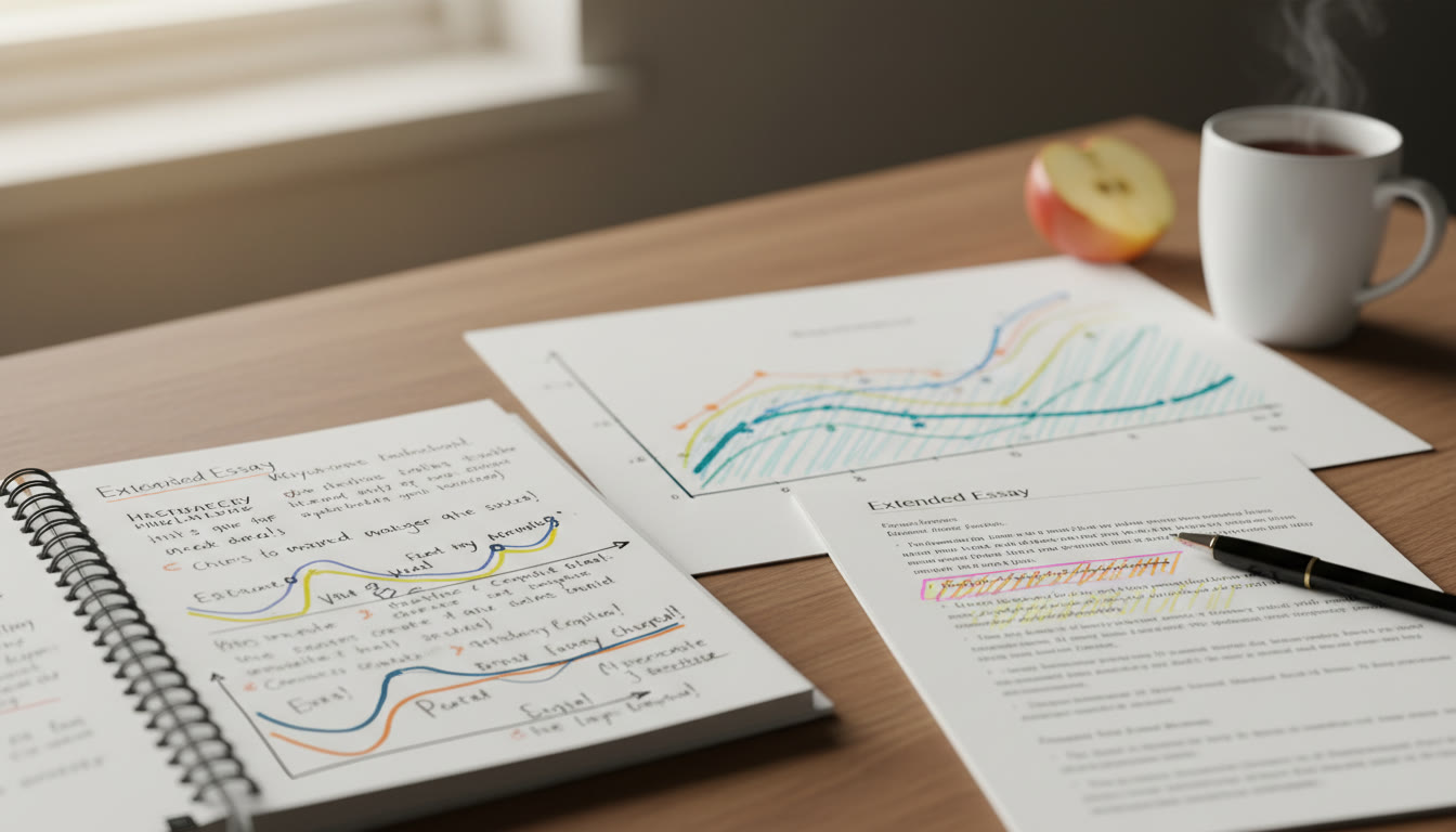 Photo Idea : Close-up of handwritten research notes, a graph, and an open Extended Essay draft with highlighted passages