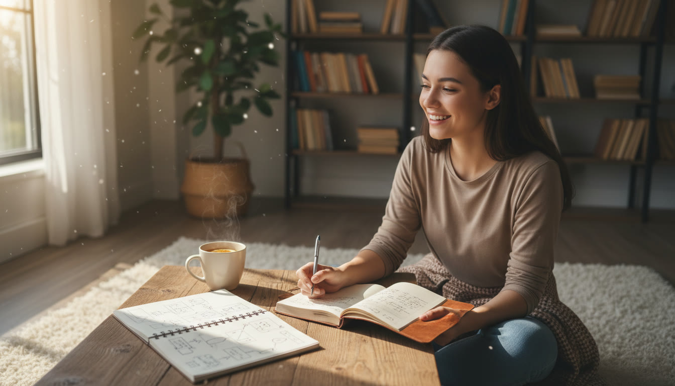 Photo Idea : Student journaling beside a cup of tea and an open notebook