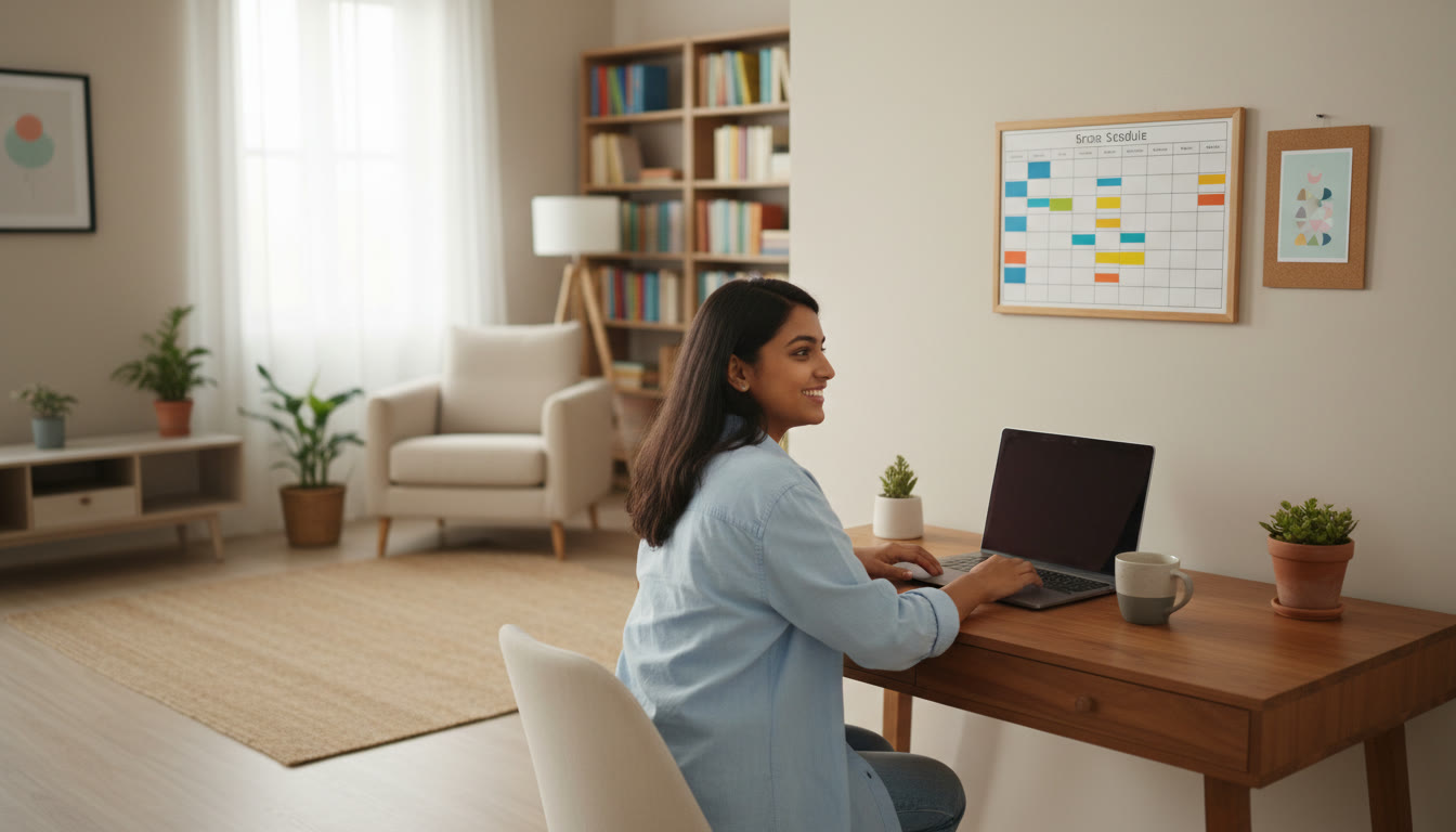 Photo Idea : A student at a tidy desk with a color‑coded timetable pinned on the wall