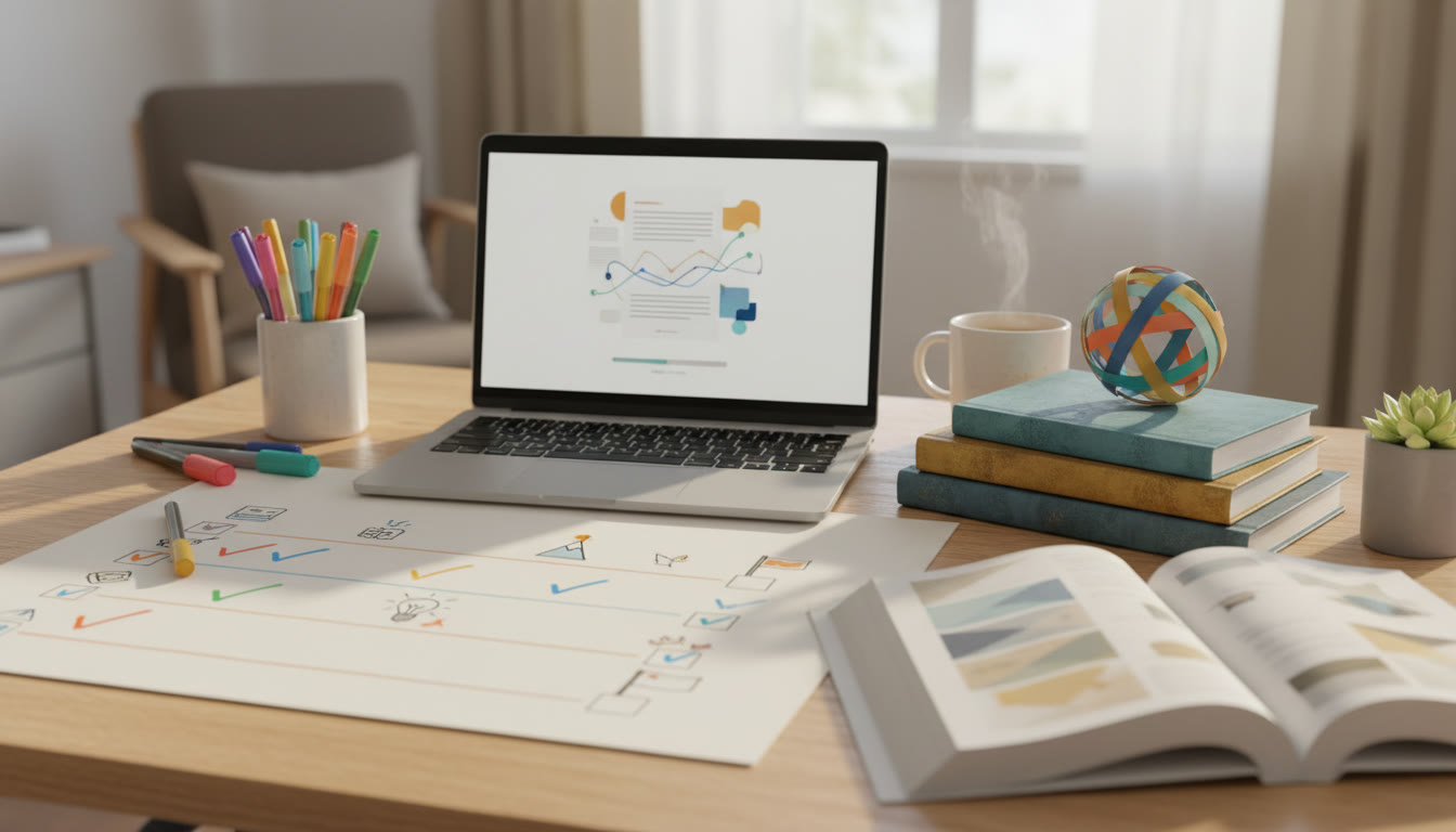 Photo Idea : A neat timeline checklist on a desk with coloured pens, a laptop showing a draft essay, and IB materials