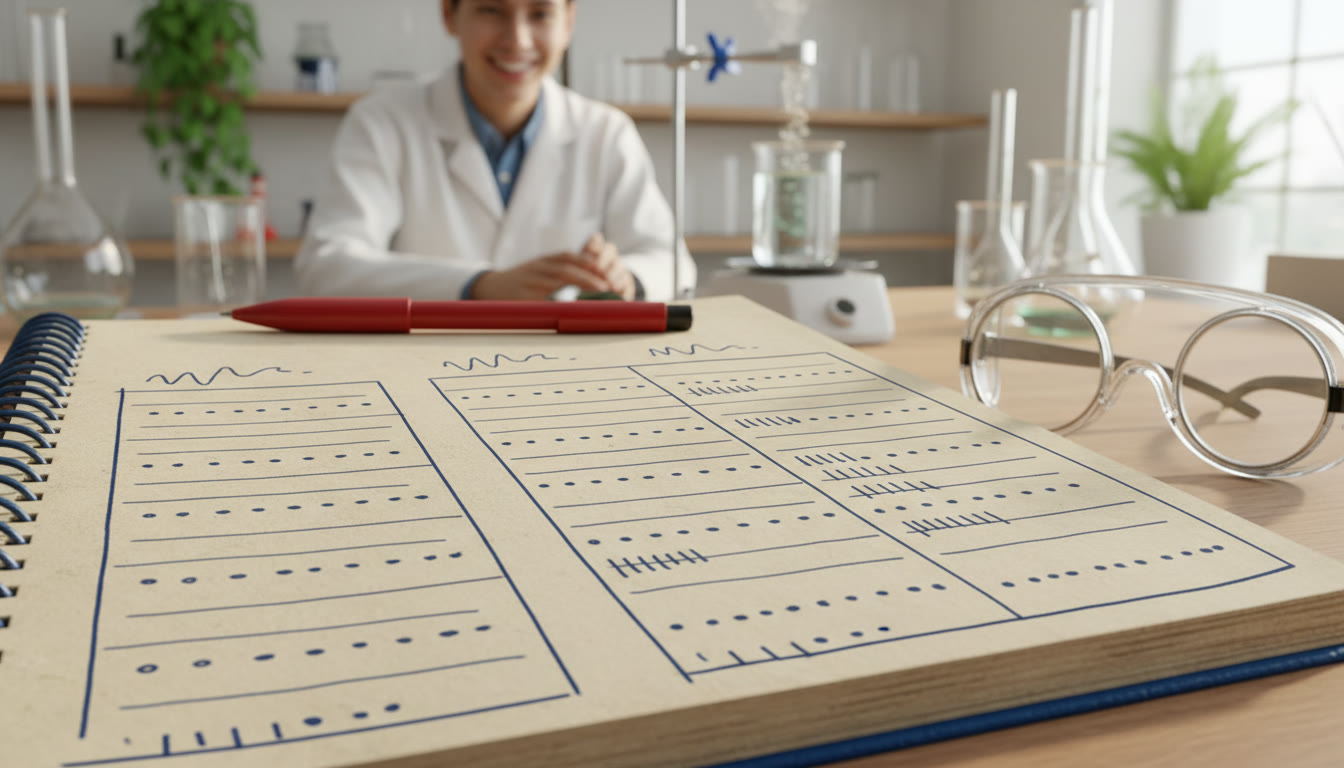Photo Idea : close-up of a lab notebook showing a pilot dataset with columns for IV, DV, and measurement uncertainty