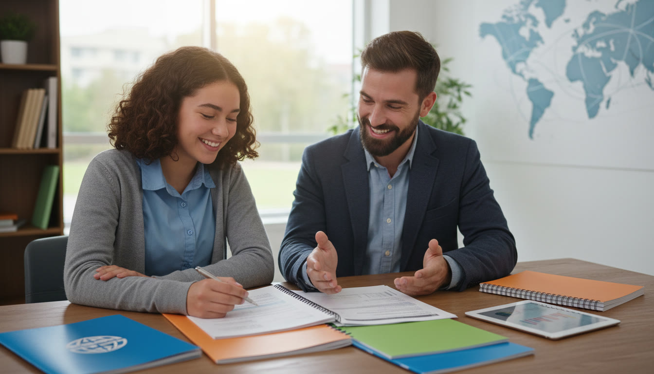 Photo Idea : Student and school counsellor smiling over a well-organized information packet on a desk