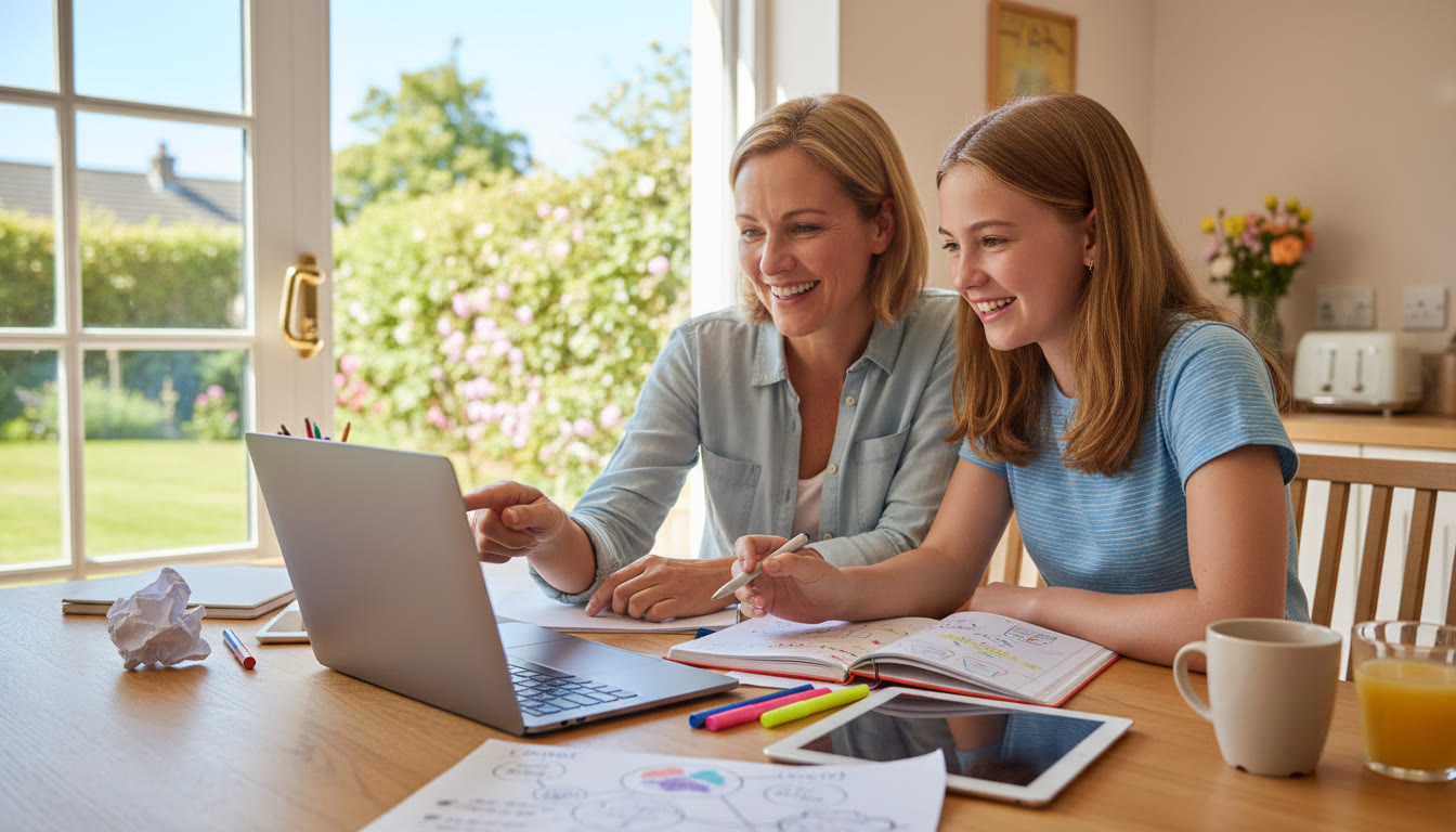 Photo Idea : Parent and student planning CAS activities together at a kitchen table with notebooks and a laptop