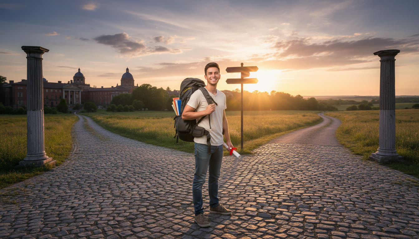 Photo Idea : IB student with backpack and diploma standing at a crossroads with a university campus in the distance