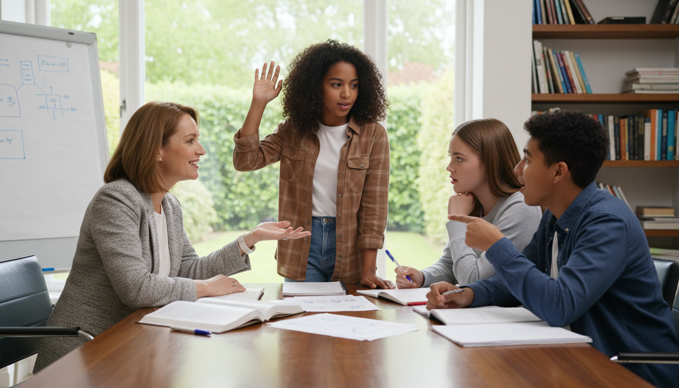 Photo Idea : A small group coaching session with a tutor and three students practicing rebuttals