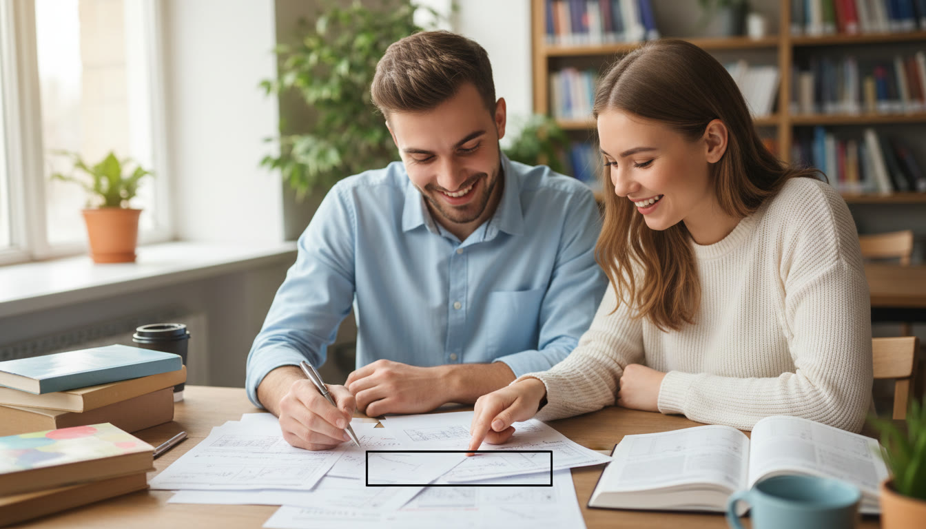 Photo Idea : A tutor and a student reviewing exam scripts together, pointing to a boxed final answer