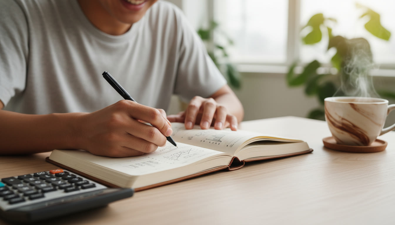 Photo Idea : a close-up of hands writing in an achievement journal next to a calculator and coffee cup