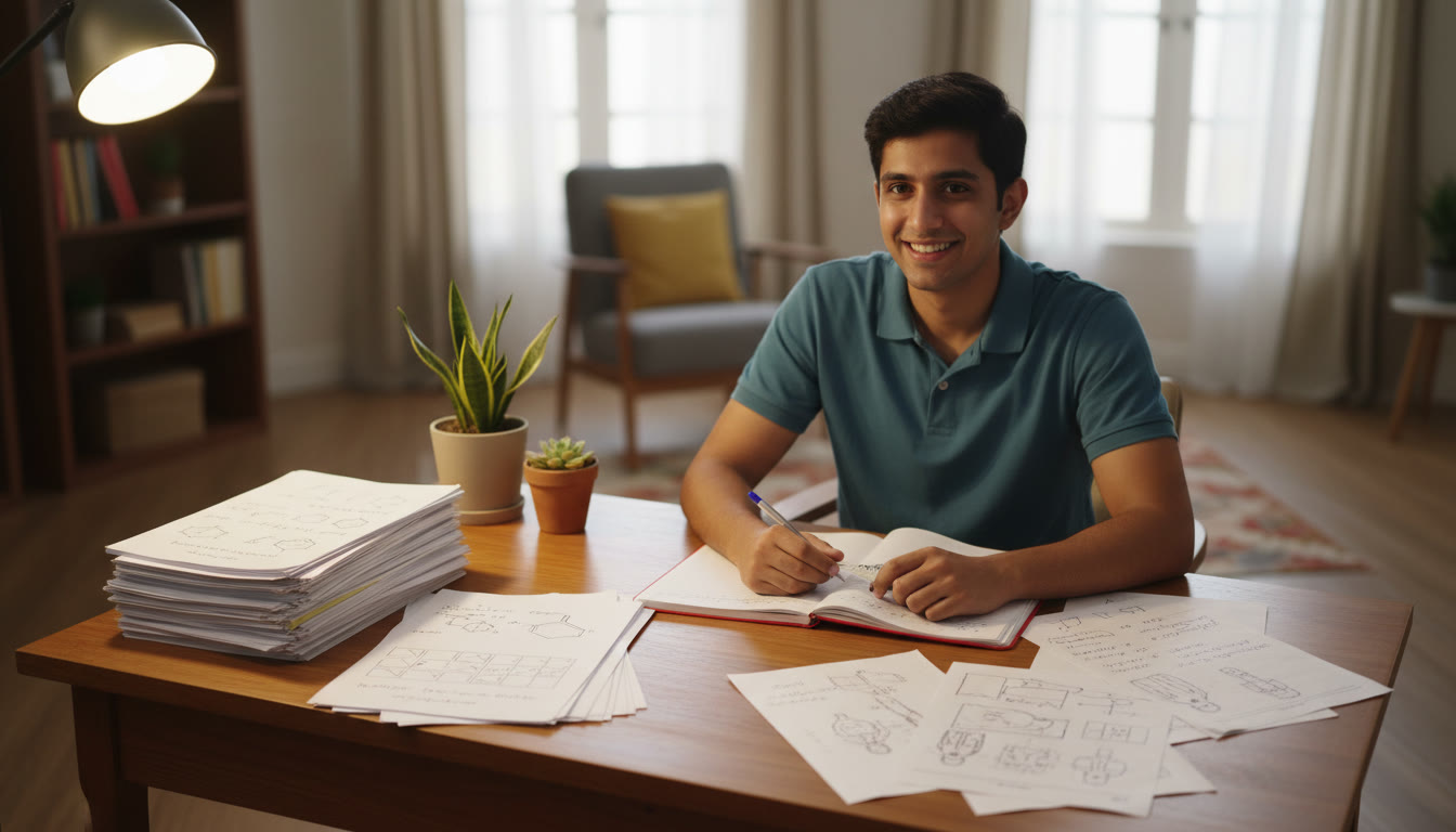 Photo Idea : Student at a tidy desk with school test papers on one side and NEET notes on the other