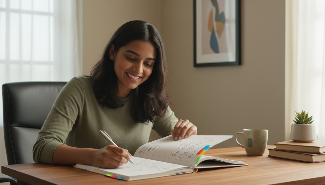Photo Idea : A student using a notebook labeled 