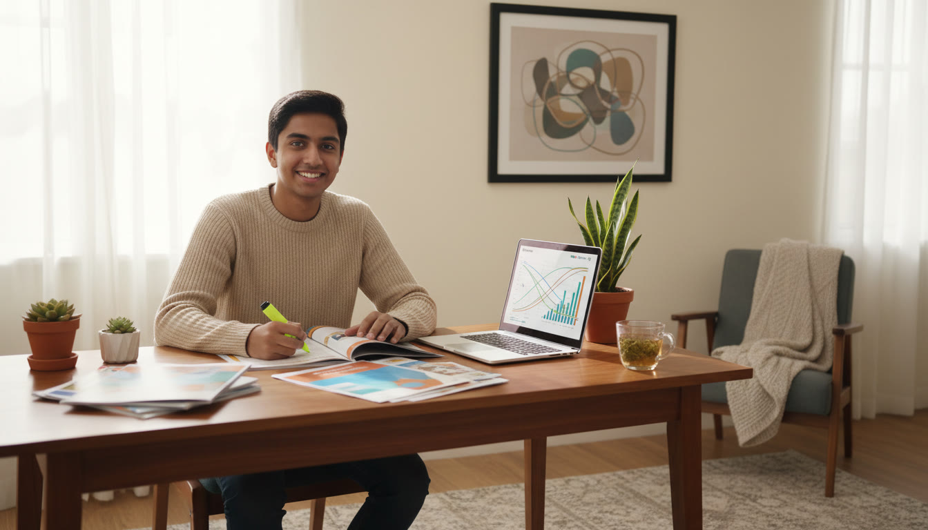 Photo Idea : A student studying with college brochures and a laptop displaying rank graphs