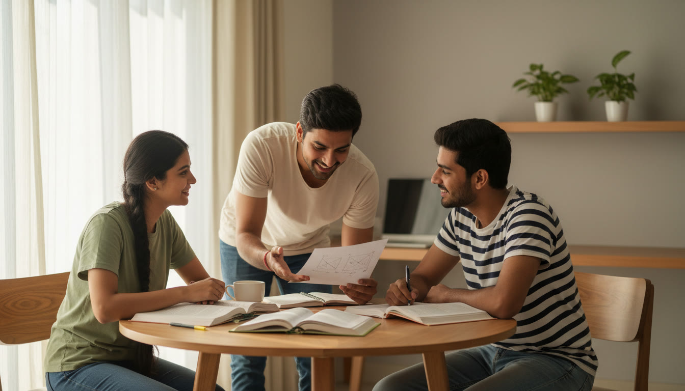 Photo Idea : A small group revising together around a table with one student explaining a concept on paper