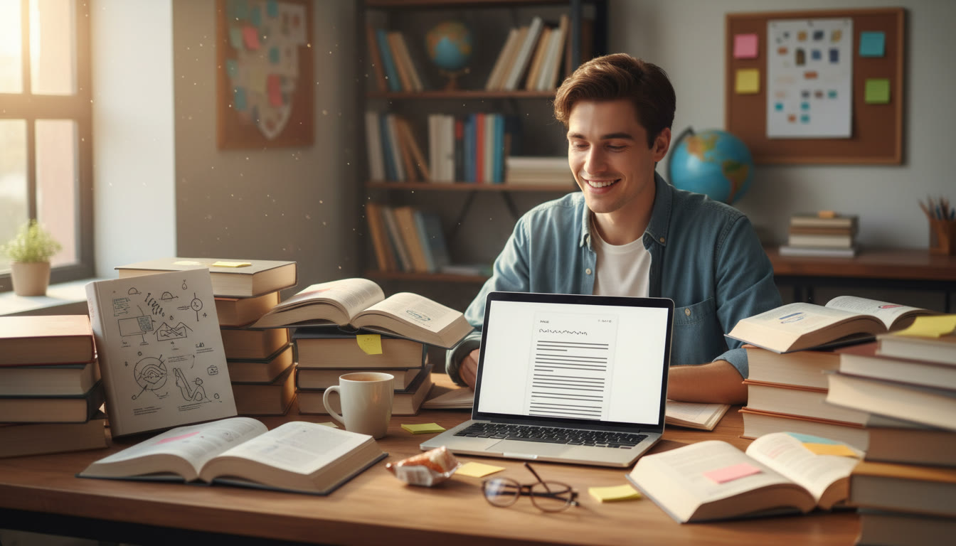 Photo Idea : Student at a desk surrounded by annotated humanities books and an open laptop with a draft essay