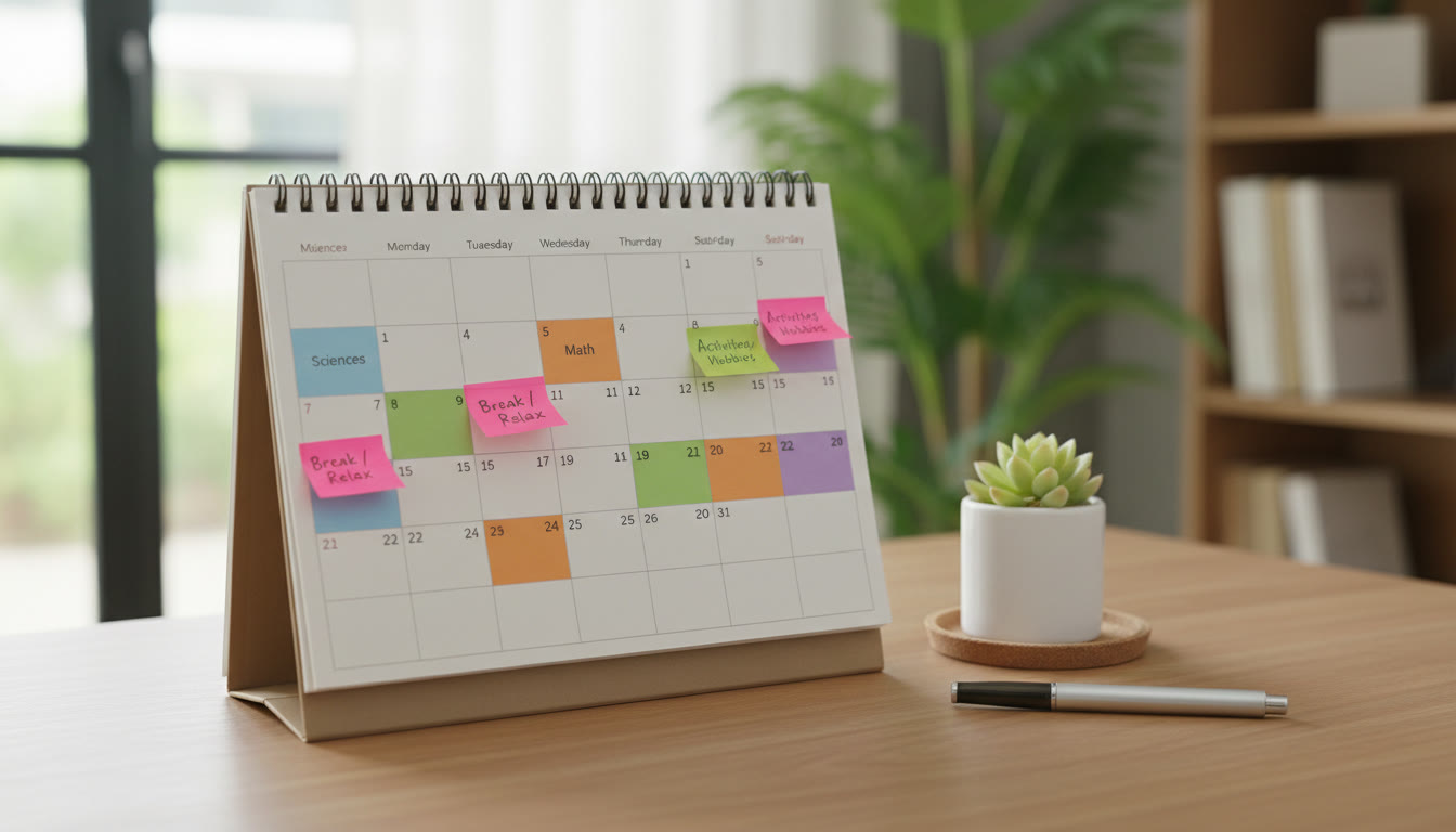Photo Idea : A neat desk calendar with colored time blocks and sticky notes showing a balanced study schedule