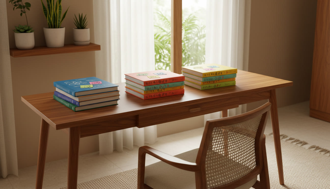 Photo Idea : A desk with three neatly separated stacks labeled Physics, Chemistry, Biology with post-it notes
