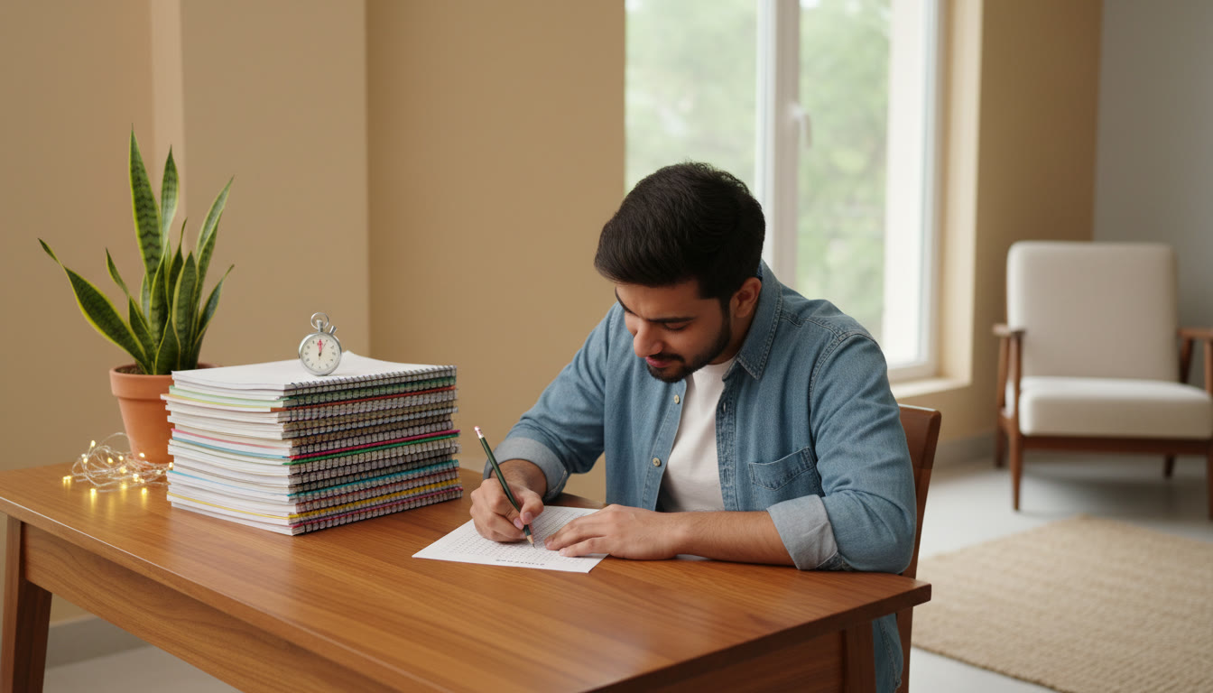 Photo Idea : A focused student at a desk marking an OMR sheet beside neatly stacked revision notes and a stopwatch