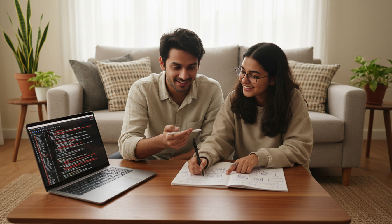 Photo Idea : a tutor and student discussing an error log over a laptop and handwritten notes