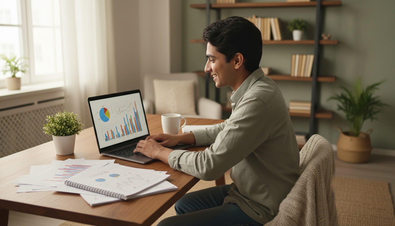 Photo Idea : Student analyzing mock results on a laptop with printed error log and graphs
